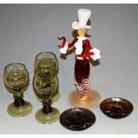 A box of miscellaneous glassware to include a pair of Murano glass figures, wine hocks etc