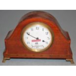 An Edwardian mahogany and chequer strung mantel clock, having enamelled dial with Arabic numerals