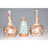 A pair of Japanese satsuma earthenware bottle vases, and one other modern Japanese vase (2)