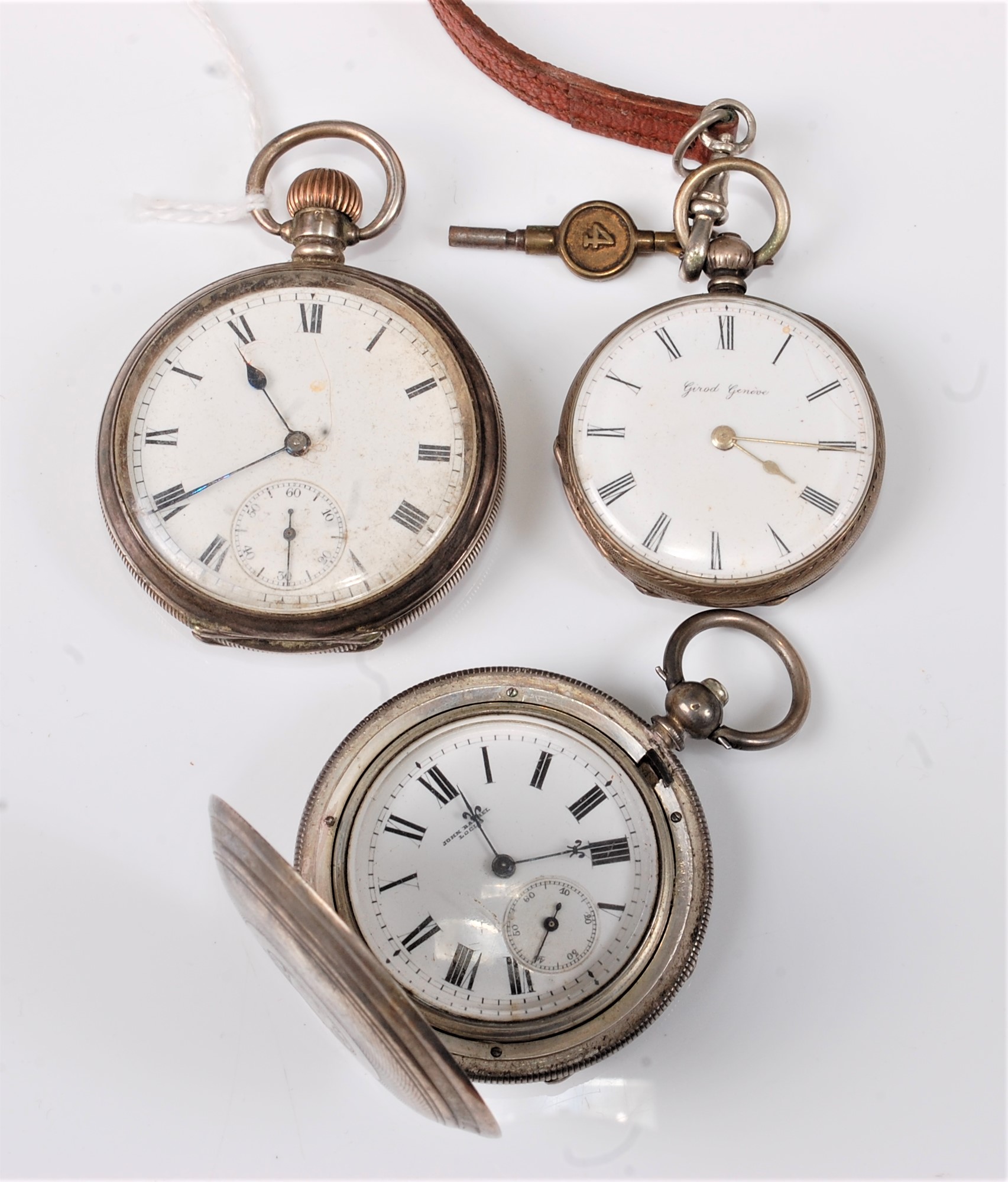 A silver cased pocket watch, Birmingham 1911, together with another by Girod Geneve, and one by John