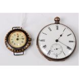 An open faced pocket watch, white enamel dial with black Roman numerals and hands, subsidary
