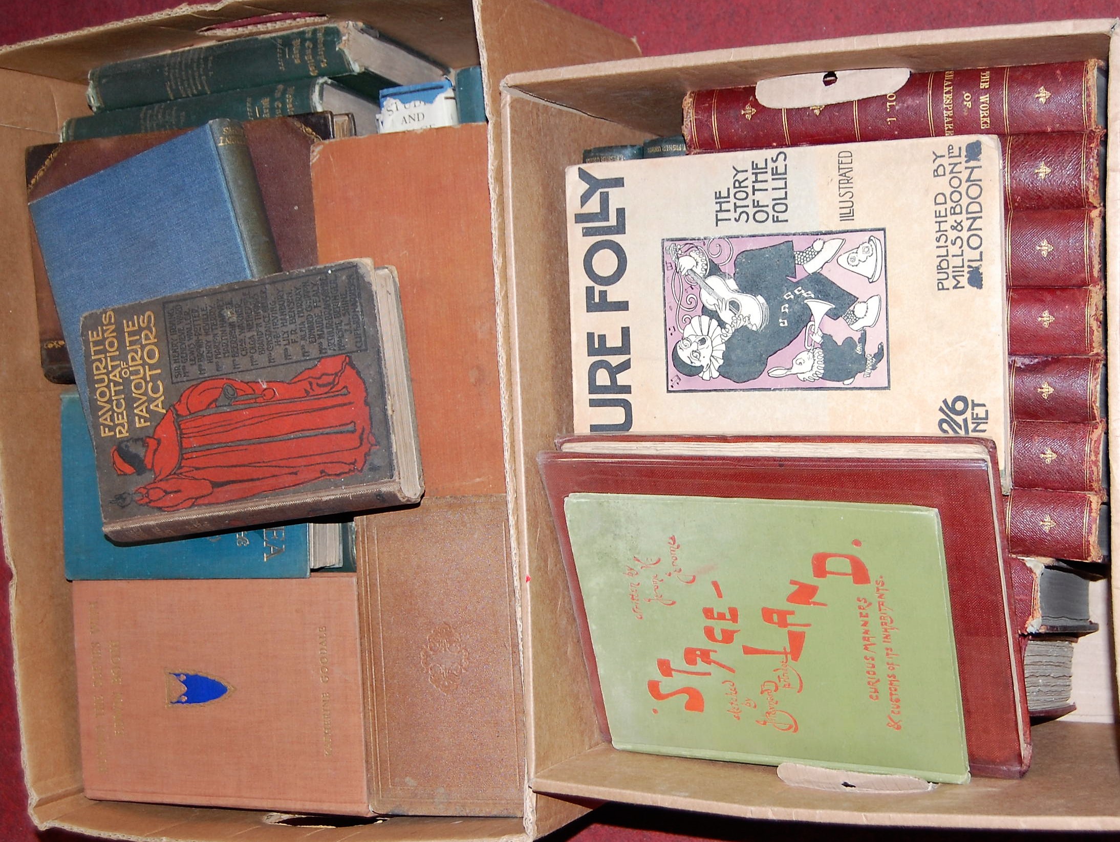 Two boxes of miscellaneous books to include The Works of Shakespeare etc