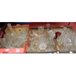Three boxes containing a quantity of cut and lead crystal, to include decanters and stoppers