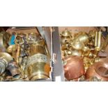 Two boxes containing a quantity of mixed copper and brassware, to include oil lamp, candlesticks,