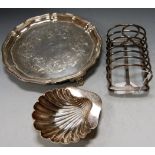 A plated salver, a six division toast-rack, and a shell shaped bonbon dish (3)