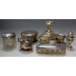 Assorted silverware, to include pair of salts, pedestal pepperette, ring box, dwarf candlestick,