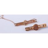 A 9ct gold seed pearl bar brooch and a 9ct bar brooch inscribed to reverse 'Buckden 1919', (4.8g