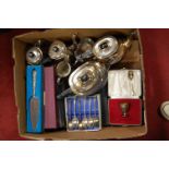 A cased silver two-piece christening set; together with a quantity of cased flatware, plated tea and