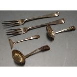 A small collection of silver flatwares to include 18th century silver table fork, sifting spoons