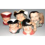 A collection of five Royal Doulton character jugs, to include Gone Away D6531, Merlin D6529, Night