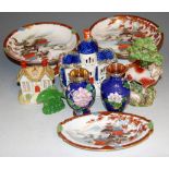 A box of miscellaneous items to include Japanese style comports, cloisonne vases, Staffordshire