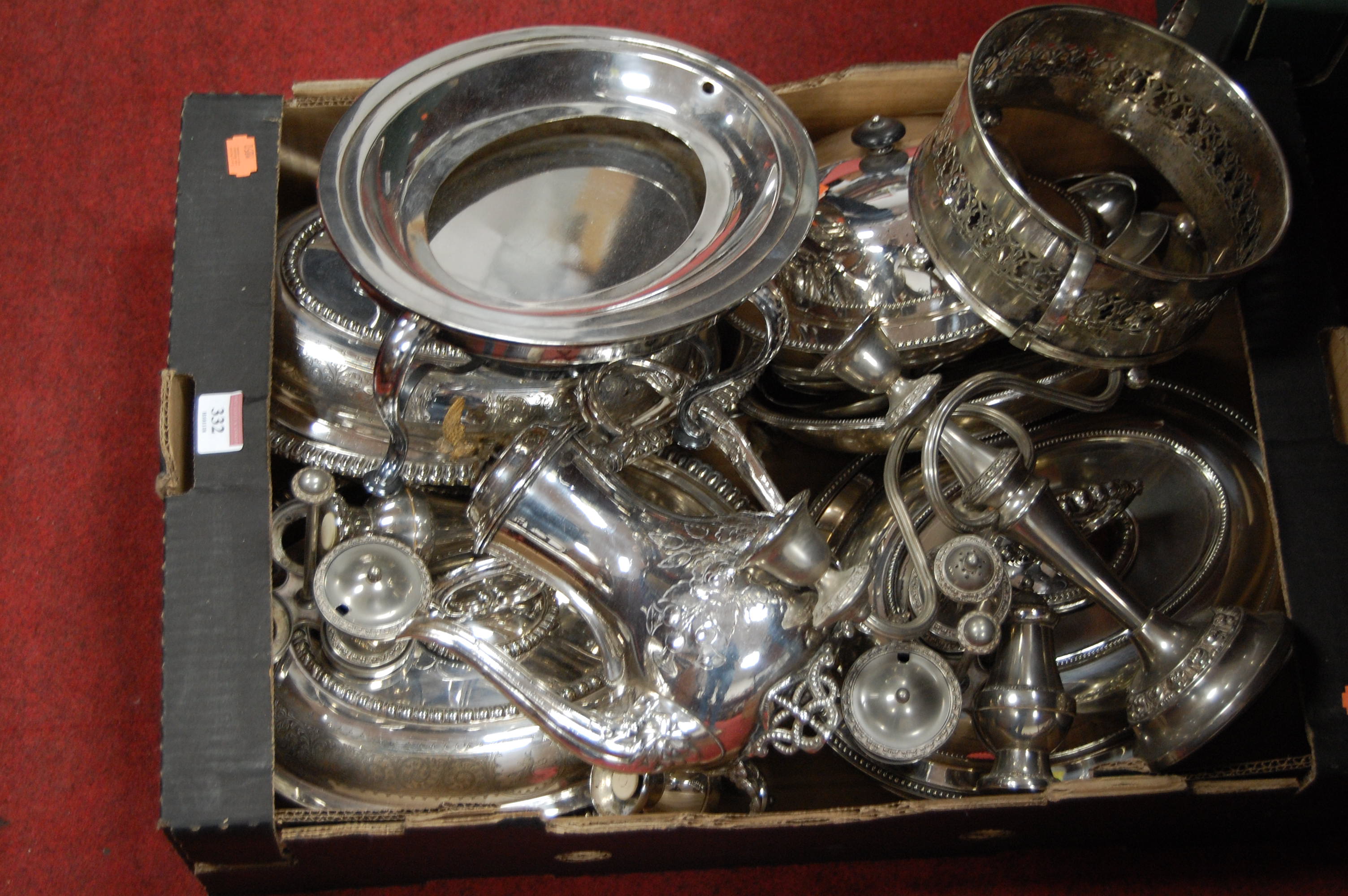A box of assorted plated wares, to include entrée dishes, muffin dish, coffee pot etc