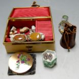 A small jewellery box containing a mixed jasper bracelet, amethyst earrings, a lady's compact, scent