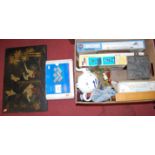 A box of miscellaneous items, to include artists palettes, Chinoiserie decorated panel, novelty