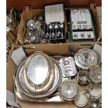 A box of assorted plated wares, to include entrée dishes, trays, decanter stand etc; together with a