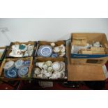 Five boxes of miscellaneous china to include two 19th century Chinese export blue & white dishes,