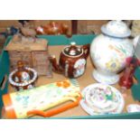 A box of miscellaneous items, to include late 19th century carved softwood puzzle box, Bargeware