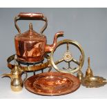 A box of miscellaneous metalware to include copper range kettle on trivet, copper dish, eastern