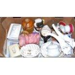A box of miscellaneous china to include Lurpak butter dish, various ceramic jelly moulds, Rolls