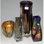 A mid 20th century iridescent glass vase of square twisted form having applied lilypad decoration,