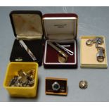A 9ct signet ring, (4.1g), together with a quantity of loose cufflinks, tie clips, silver etc