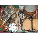 Two boxes of miscellaneous items, to include copper saucepan, copper range kettle, pair of