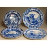 A 19th century blue & white transfer decorated plate depicting a poacher with dog within castle