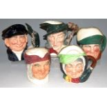 A collection of five Royal Doulton character jugs, to include Pied Piper D6403, Toby Philpot,