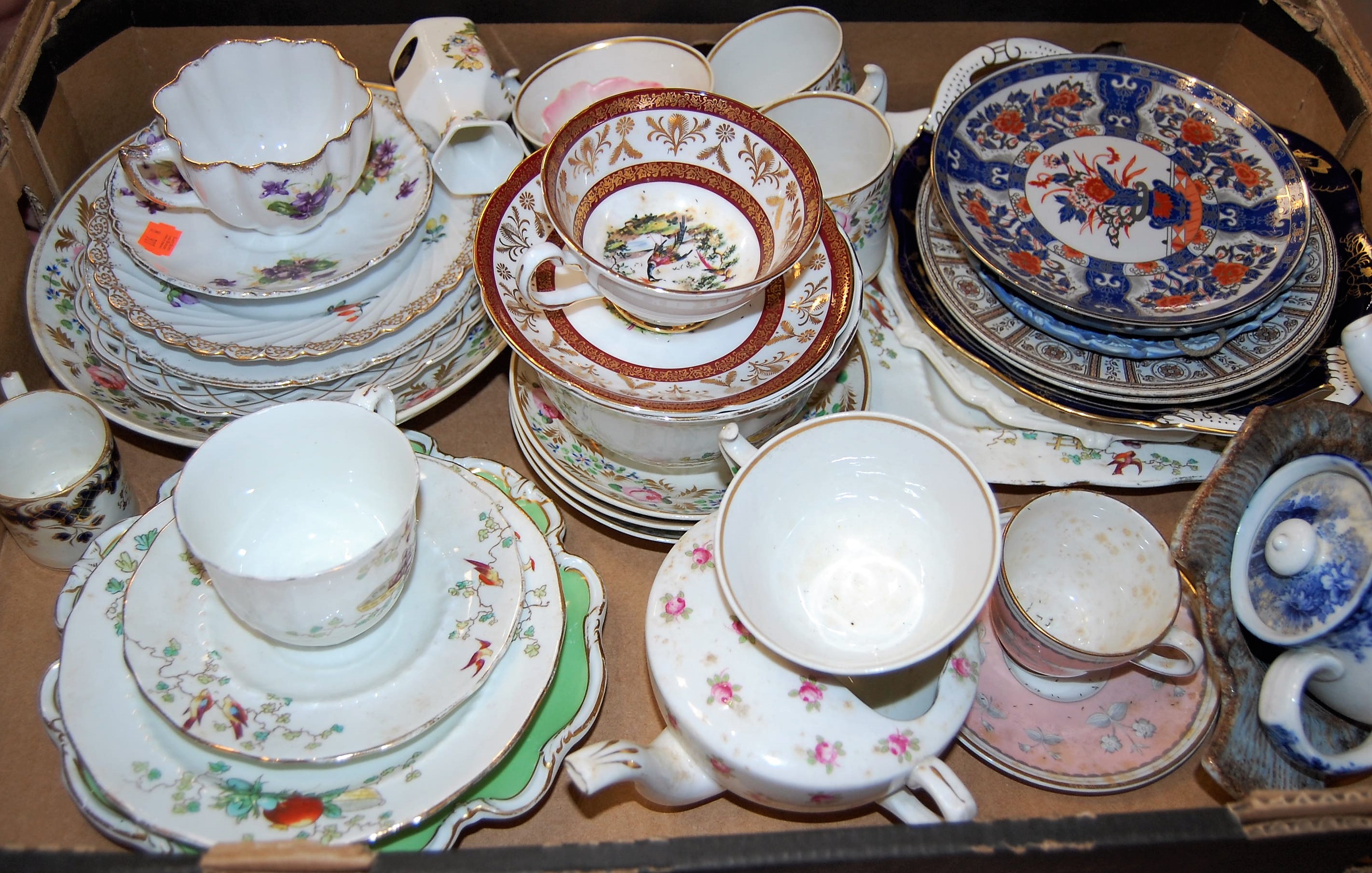 A box of miscellaneous china to include 19th century coffee cans, various side plates, Aynsley