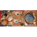 Three boxes of copper wares to include various flagons, warming pan, helmet shaped coal scuttle,