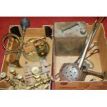 Two boxes of miscellaneous items to include Shell Petrol can, turned brass candle sticks, car