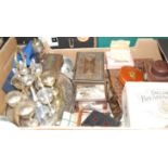 A box of miscellaneous items, to include silver plated egg cruet, leather covered tape measure,