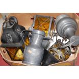 A box of miscellaneous metalwares to include a large 19th century pewter flagon having raised two
