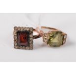 Two gemset rings, the first a peridot and white hardstone ring, size K, together with a red and