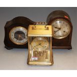 An oak striking domed top mantel clock; a Smiths Enfield bakelite cased mantel clock; and a modern