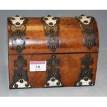 A Victorian figured walnut and brass bound domed top stationery box, w.17cm