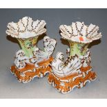 A pair of modern Dresden style porcelain cornucopia vases, all heightened in gilt, 22cm