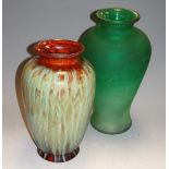 A drip-glazed stoneware vase, of baluster form; together with a green tinted glass vase (2)