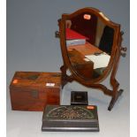 A Victorian mahogany framed skeleton dressing table mirror; an ebony veneered small trinket box;