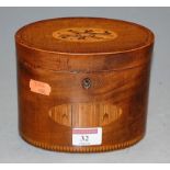 A George III mahogany and specimen marquetry inlaid tea caddy, of oval form, h.12cm