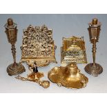 A Victorian cast brass inkstand of square section; a cast brass letter rack; other desk furniture to