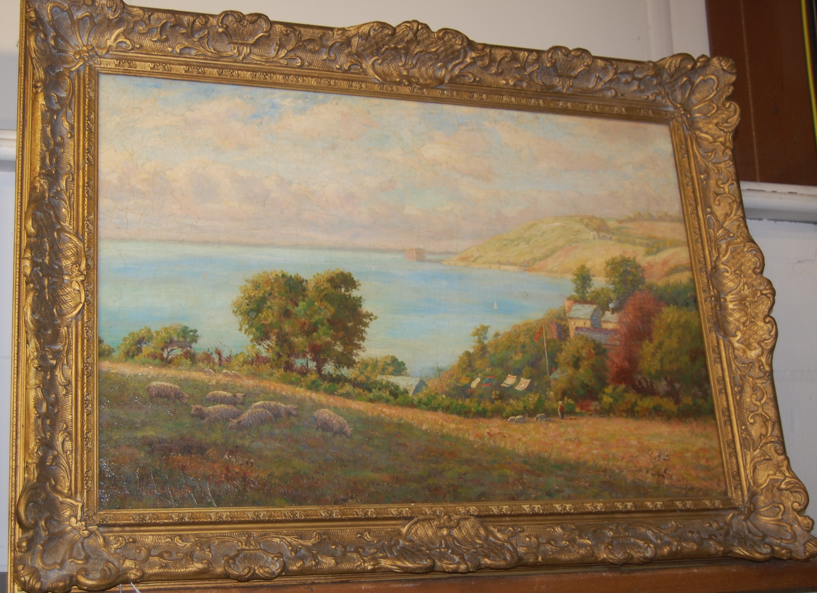 George A Elcock - Coastal scene in summer with sheep grazing, oil on canvas, signed and dated