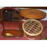 A Victorian mahogany swing toilet mirror, copper and brass fire screen, bamboo occasional table, and