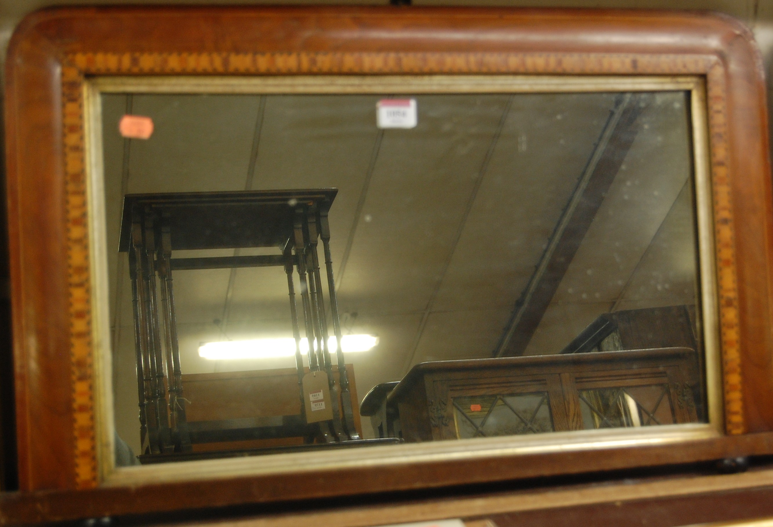 Victorian walnut and Tunbridge inlaid over mantel mirror, and one other similar (2)