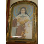 Early 20th century school, Portrait of St Theresa, watercolour with gilt annotated border, 62x40cm