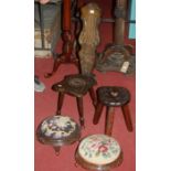 A relief carved oak Welsh spinning seat; together with a pair of Victorian relief carved walnut