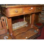 A William IV mahogany three drawer hall table, having a re-veneered top and raised on plain turned