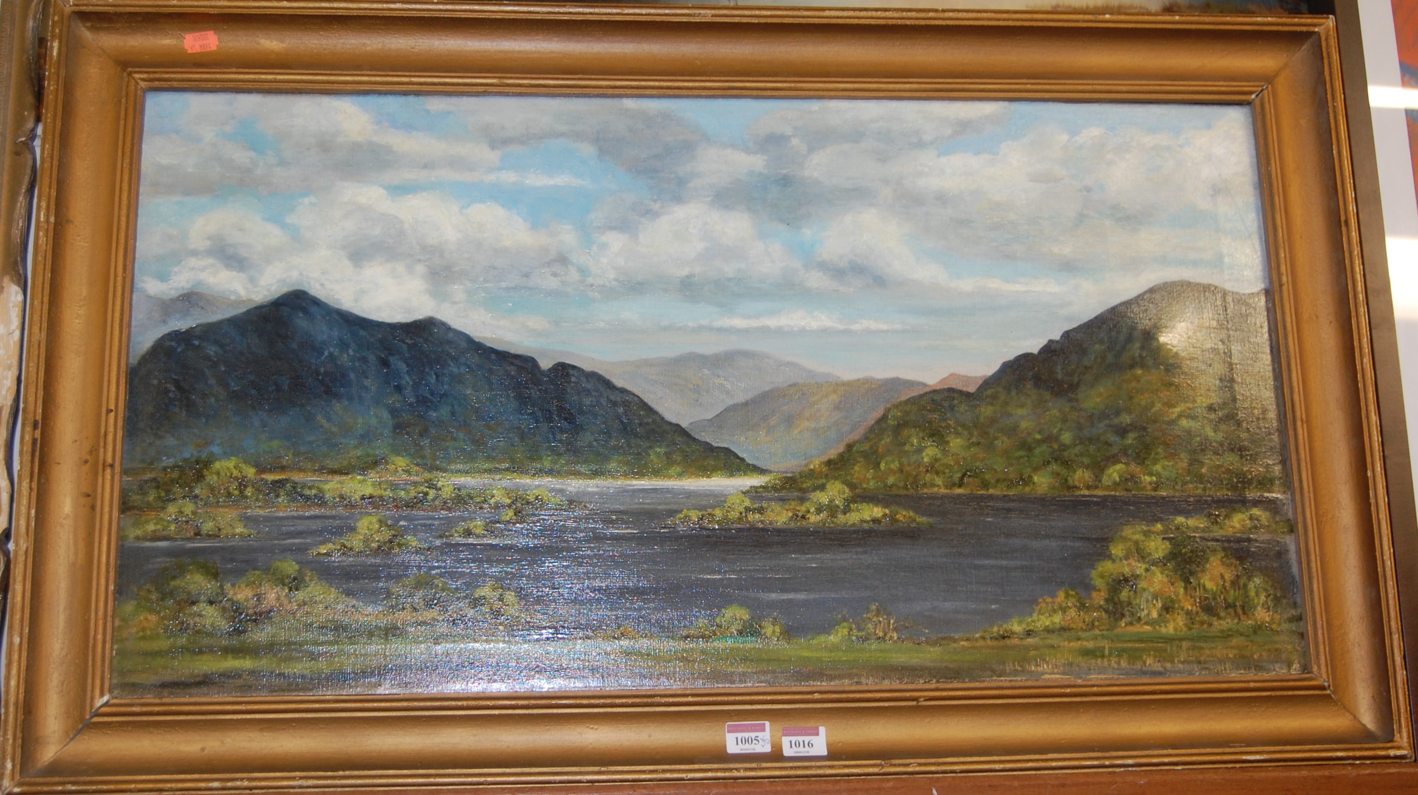 Early 20th century school - Mountain Lake scene, oil on canvas, 45 x 85cm