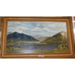 Early 20th century school - Mountain Lake scene, oil on canvas, 45 x 85cm