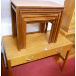 A 1970s teak nest of four occasional tables, together with two oak glazed book shelves, and a teak